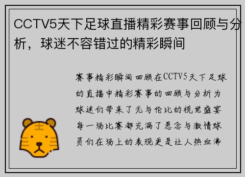 CCTV5天下足球直播精彩赛事回顾与分析，球迷不容错过的精彩瞬间