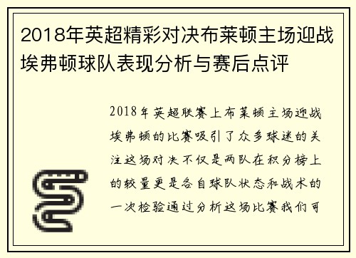 2018年英超精彩对决布莱顿主场迎战埃弗顿球队表现分析与赛后点评
